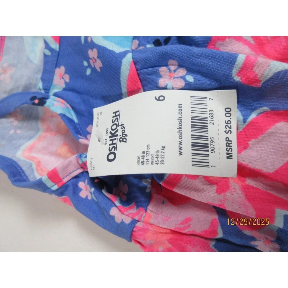 OshKosh B'gosh Girls Blue Floral Print Tank Dress Size 6 Adjustable Tie Straps